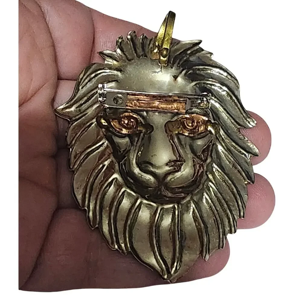 Vtg 1970s Huge Mexican Style Tricolor Mixed Metal Lion Pendant Pin Brooch